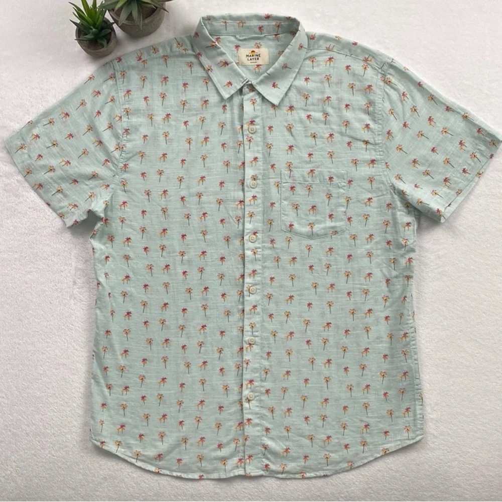 Marine Layer Palm Tree Pattern Short Sleeve Button Up (Teal + Multicolor)